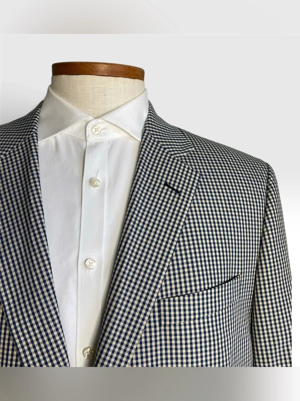 Orvis Navy Beige Gingham Check 3 Button Sport Coat Blazer Cotton Preppy Size 46R